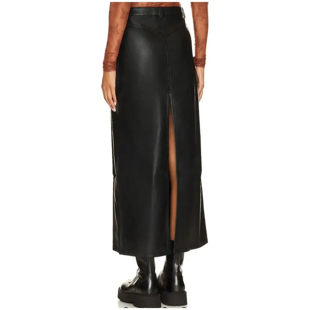 Free People City Slicker Faux Leather Maxi Skirt Black Vegan Moto Long 0 NWOT